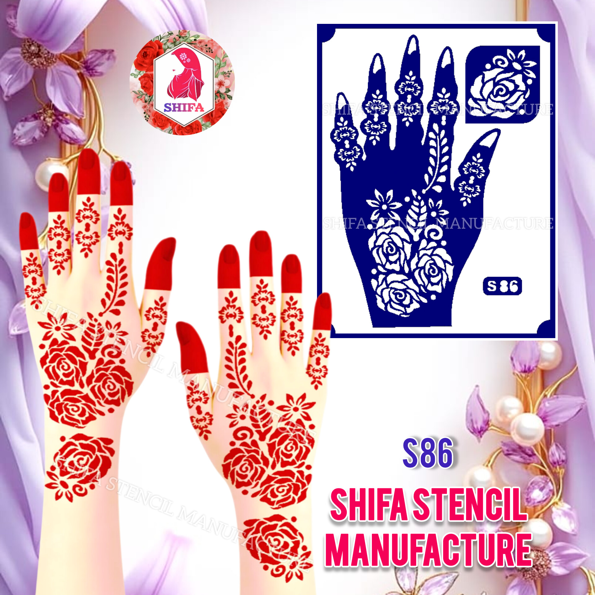 S 86 Royal Rose Cluster Design Sticker Overview  Henna Stencil - Shifa Stencil